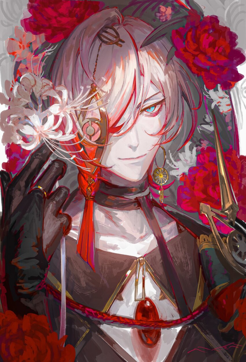 1boy absurdres blue_eyes bridal_gauntlets chest_jewel earrings egawa_akira eyeshadow eyeshadow_under_eye fate/grand_order fate_(series) flower gradient_hair hair_ornament hair_over_one_eye highres jewelry karna_(fate) looking_at_viewer makeup male_focus medium_hair multicolored_hair multiple_earrings pale_skin portrait red_eyeshadow red_hair smile solo white_hair