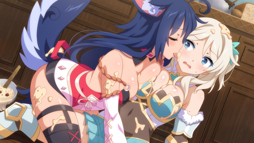 2girls animal_ears asymmetrical_docking black_hair blonde_hair braid breast_press crown_braid detached_sleeves fox_tail game_cg gauntlets highres juniper_(sakura_fox_adventure) licking licking_another&#039;s_face long_hair mikoto_(sakura_fox_adventure) multiple_girls official_art sakura_fox_adventure sitting sitting_on_person surprised sweatdrop tail wanaca yuri