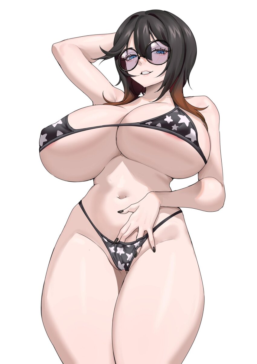 1girl areola_slip arm_up bare_legs bikini black_bikini blue_eyes breasts brown_hair gradient_hair hair_between_eyes hand_under_bikini highres huge_breasts kasizil looking_at_viewer multicolored_hair navel open_mouth orange_hair original simple_background solo star_(symbol) star_print swimsuit teeth thighs underboob white_background