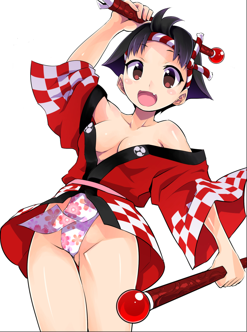 1girl absurdres black_hair blush_stickers breasts cameltoe character_request dual_wielding dungeons_&amp;_princess fang female_focus floral_print fundoshi hachimaki headband highres holding japanese_clothes kimono mizu_happi nejiri_hachimaki no_bra off_shoulder red_eyes red_kimono short_hair small_breasts solo stick takashi_moritaka yukata