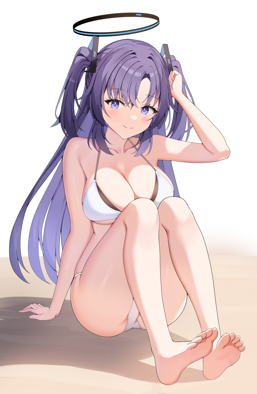 1girl absurdres alternate_costume bikini black_halo blue_archive breasts hair_ornament halo highres large_breasts long_hair looking_at_viewer mechanical_halo purple_eyes purple_hair sitting smile sob_(submar1089) solo swimsuit triangle_hair_ornament two_side_up white_bikini yuuka_(blue_archive)