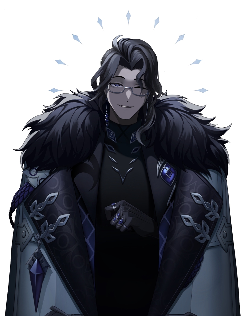 1boy absurdres bishounen black_cloak black_gloves black_hair black_jacket black_shirt cero_(last2stage) clenched_hand cloak coat commentary commentary_request earrings english_commentary eyewear_strap fatui_coat fur-trimmed_cloak fur-trimmed_coat fur_trim genshin_impact glasses gloves grey-framed_eyewear grin hair_between_eyes high_collar highres jacket jewelry korean_commentary long_hair male_focus medium_hair mixed-language_commentary one_eye_closed open_clothes open_jacket pantalone_(genshin_impact) purple_eyes ring semi-rimless_eyewear shirt simple_background smile solo unusually_open_eyes upper_body white_background