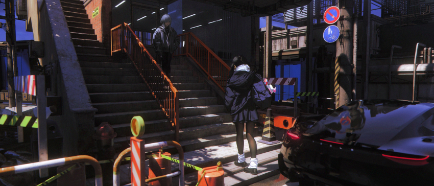 1girl 1other 3d absurdres bag bag_charm loose_socks black_hair black_jacket black_pants black_pantyhose black_shoes blue_bag blue_skirt car charm_(object) commentary film_grain grey_hair grey_jacket hand_in_pocket highres jacket long_hair motor_vehicle original pants pantyhose railing road_sign scarf scenery school_bag school_uniform shoes shoulder_bag sign skirt socks stairs tesla_(company) traffic_cone wang-xi white_scarf white_socks
