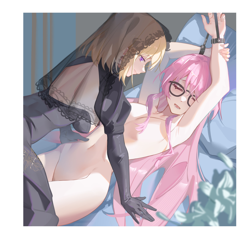 2girls absurdres armpits back bang_dream! bang_dream!_it&#039;s_mygo!!!!! black-framed_eyewear black_dress black_shrug black_veil blonde_hair blurry blurry_foreground blush border bound bound_wrists breasts chihaya_anon chinese_commentary closed_eyes clothed_female_nude_female collarbone comet-c completely_nude dress glasses groin hair_censor hand_on_another&#039;s_hip highres indoors long_hair looking_at_another lower_teeth_only lying median_furrow medium_hair misumi_uika multiple_girls navel nude on_back open_mouth pink_eyes pink_hair pink_lips plant see-through_clothes see-through_veil shoulder_blades shrug_(clothing) smile stomach strapless strapless_dress teeth thighs veil white_border yuri