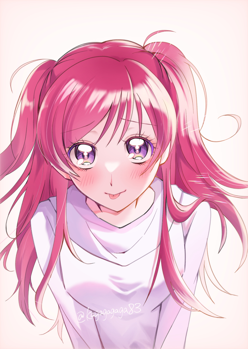 1girl absurdres blush highres hood hoodie kagagagaga83 kibou_no_chikara_otona_precure_&#039;23 long_sleeves medium_hair pink_eyes pink_hair precure solo tongue tongue_out twitter_username two_side_up upper_body white_hoodie yes!_precure_5 yes!_precure_5_gogo! yumehara_nozomi