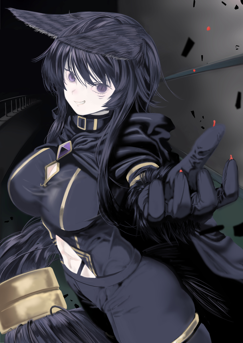 1girl abs absurdres amora_(starnight17) animal_ear_fluff animal_ears arm_support black_gloves black_pants black_shirt blue_eyes borrowed_character breasts cleavage_cutout clenched_hand clothing_cutout commentary commission cosplay crossed_legs delta_(kage_no_jitsuryokusha_ni_naritakute!) delta_(kage_no_jitsuryokusha_ni_naritakute!)_(cosplay) english_commentary facial_mark fur_gloves gem gloves gold_trim hair_between_eyes hand_up highleg highres indoors kaburana kage_no_jitsuryokusha_ni_naritakute! long_hair long_sleeves looking_at_viewer medium_breasts midriff navel original pants parted_lips paw_pose purple_gemstone purple_hair shirt sitting smile solo tail v-shaped_eyebrows whisker_markings wolf_ears wolf_girl wolf_tail