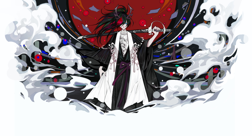 ambiguous_gender black_hair black_kimono blue_eyes cloud feet_out_of_frame hair_over_one_eye highres holding holding_sword holding_weapon japanese_clothes kimono long_hair long_sleeves looking_at_viewer multicolored_hair original ponytail red_hair shan_gui_yu_yao solo streaked_hair sword weapon