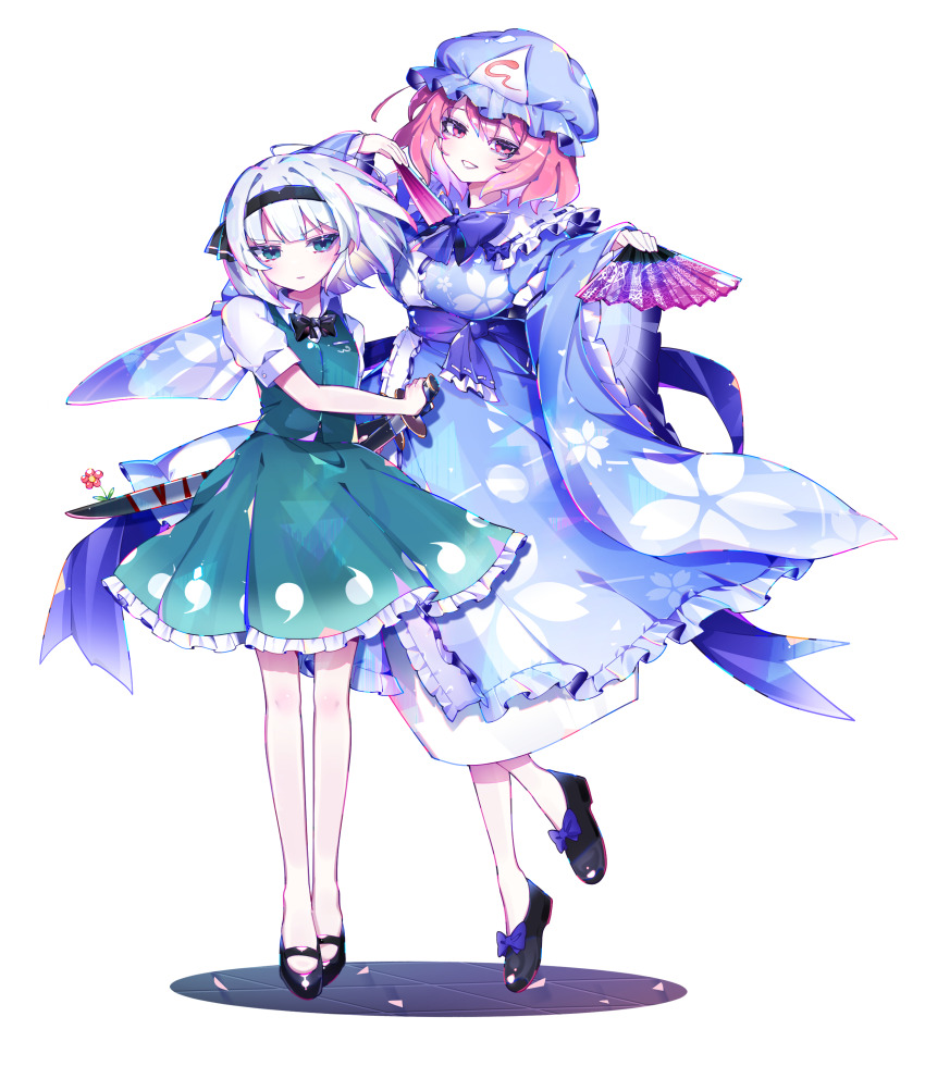 2girls absurdres bare_legs black_bow black_bowtie black_hairband black_shoes blue_bow blue_bowtie blue_hat blue_kimono blue_sash bow bowtie breasts closed_mouth commentary floating_hair floral_print floral_print_kimono flower folded_fan folding_fan footwear_bow frilled_kimono frilled_shirt_collar frilled_skirt frilled_sleeves frills full_body green_skirt green_vest grin hairband hand_fan hat highres hitodama_print holding holding_fan holding_sword holding_weapon japanese_clothes kimono konpaku_youmu large_breasts long_sleeves looking_at_viewer mary_janes mob_cap multiple_girls no_nose pink_eyes pink_hair print_kimono puffy_short_sleeves puffy_sleeves red_flower ribbon-trimmed_collar ribbon_trim saigyouji_yuyuko sash scabbard serious sheath shoes short_hair short_sleeves sia_6767 simple_background skirt skirt_set smile standing standing_on_one_leg sword tiptoes touhou triangular_headpiece unsheathing vest weapon white_background white_hair wide_sleeves