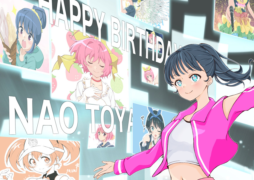 absurdres antenna_hair black_hair blue_eyes blue_hair blush bow breasts brown_eyes brown_hair closed_mouth crop_top employee_uniform fast_food_uniform food hair_between_eyes hair_bow hair_bun hair_ornament hair_ribbon hairband happy_birthday hataraku_maou-sama! highres holding ice_cream idol jacket java_(jav_romance17) kami_nomi_zo_shiru_sekai kanojo_okarishimasu long_hair long_sleeves looking_at_viewer microphone midriff multiple_girls nakagawa_kanon open_mouth pink_hair ponytail purple_eyes real_life ribbon sarashina_ruka sasaki_chiho school_uniform shima_rin short_hair single_hair_bun smile touyama_nao twintails upper_body visor_cap voice_actor voice_actor_connection yurucamp