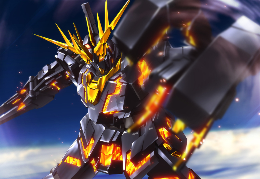 blurry depth_of_field foreshortening glowing gundam gundam_unicorn looking_at_viewer mecha no_humans nt-d robot unicorn_gundam_banshee zb_(dawn-blue)
