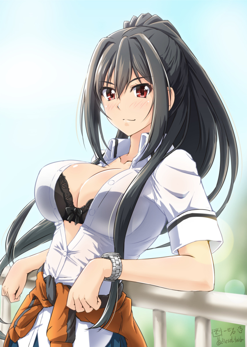 1girl against_railing artist_name black_bra black_hair blue_sky bra breasts cleavage closed_mouth clothes_around_waist collared_shirt commentary_request day diesel-turbo dress_shirt elbow_rest female_focus grisaia_(series) grisaia_phantom_trigger highres inohara_maki large_breasts leaning_back lens_flare long_hair looking_at_viewer open_clothes open_shirt outdoors partial_commentary partially_unbuttoned railing red_eyes shirt short_sleeves sidelocks signature sky smile solo standing underwear untucked_shirt upper_body very_long_hair watch white_shirt wing_collar wristwatch