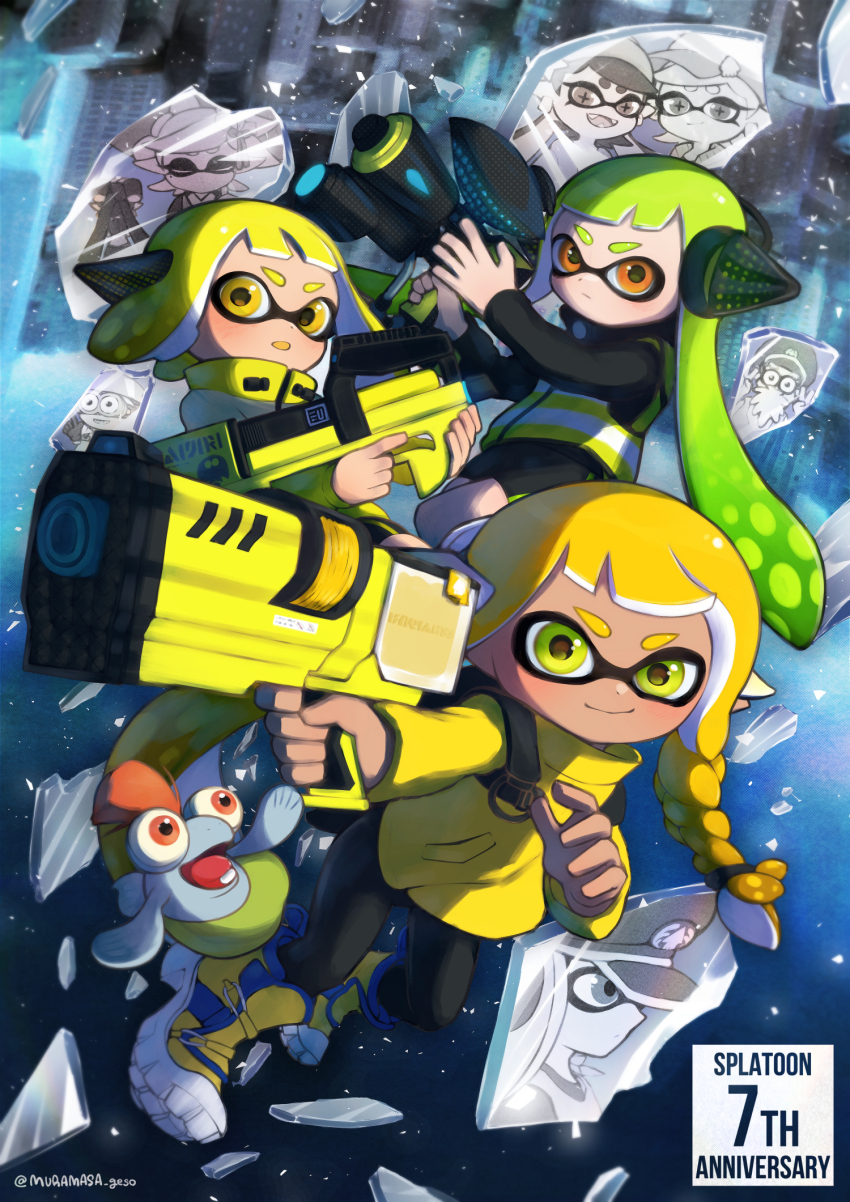 3girls agent_3_(splatoon) agent_3_(splatoon_3) agent_4_(splatoon) anniversary artist_name behind-the-head_headphones bike_shorts black_jacket black_leggings black_shorts blonde_hair blue_background blush callie_(agent_1_casual)_(splatoon) callie_(octo_idol_outfit)_(splatoon) callie_(splatoon) cap&#039;n_cuttlefish captain_3_(splatoon) closed_mouth colored_tongue commentary_request copyright_name dark-skinned_female dark_skin full_body glass_shards green_eyes green_hair hands_up headgear headphones hero_shot_(splatoon_1) hero_shot_(splatoon_2) hero_shot_(splatoon_3) high-visibility_clothing high-visibility_vest highres holding holding_weapon inkling jacket leggings long_hair long_sleeves looking_at_viewer marie_(agent_2_casual)_(splatoon) marie_(kimono)_(splatoon) marie_(splatoon) medium_hair multiple_girls nintendo nobody28 open_mouth orange_eyes pointy_ears salmonid sheldon_(splatoon) shoes shorts smallfry_(splatoon) splatoon_(series) splatoon_2 splatoon_3 squidbeak_splatoon tentacle_hair twintails weapon yellow_eyes yellow_jacket yellow_shoes yellow_tongue
