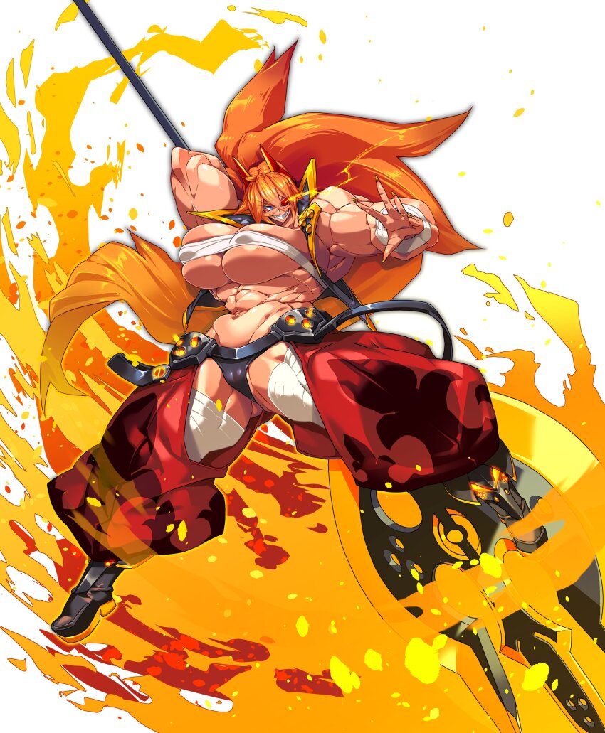 1girl 2025 abs absurdres axe bandaged_arm bandaged_chest bandaged_leg bandages battle_axe black_boots black_jacket blue_eyes boots breasts bursting_breasts cameltoe chaps colored_eyepatch commentary commission covered_erect_nipples cropped_jacket eyepatch fighting_stance fingernails fire full_body glowing glowing_eye gradient_hair highres horns huge_breasts huge_weapon jacket legs_apart long_hair midriff multicolored_hair muscular muscular_arms muscular_female muscular_legs navel open_hand orange_hair orange_nails orange_trim original paint_splatter pants ponytail puffy_pants red_horns red_pants sarashi sharp_fingernails simple_background skeb_commission t.a.k. variant_set weapon white_background zess_(zesty_jesus)
