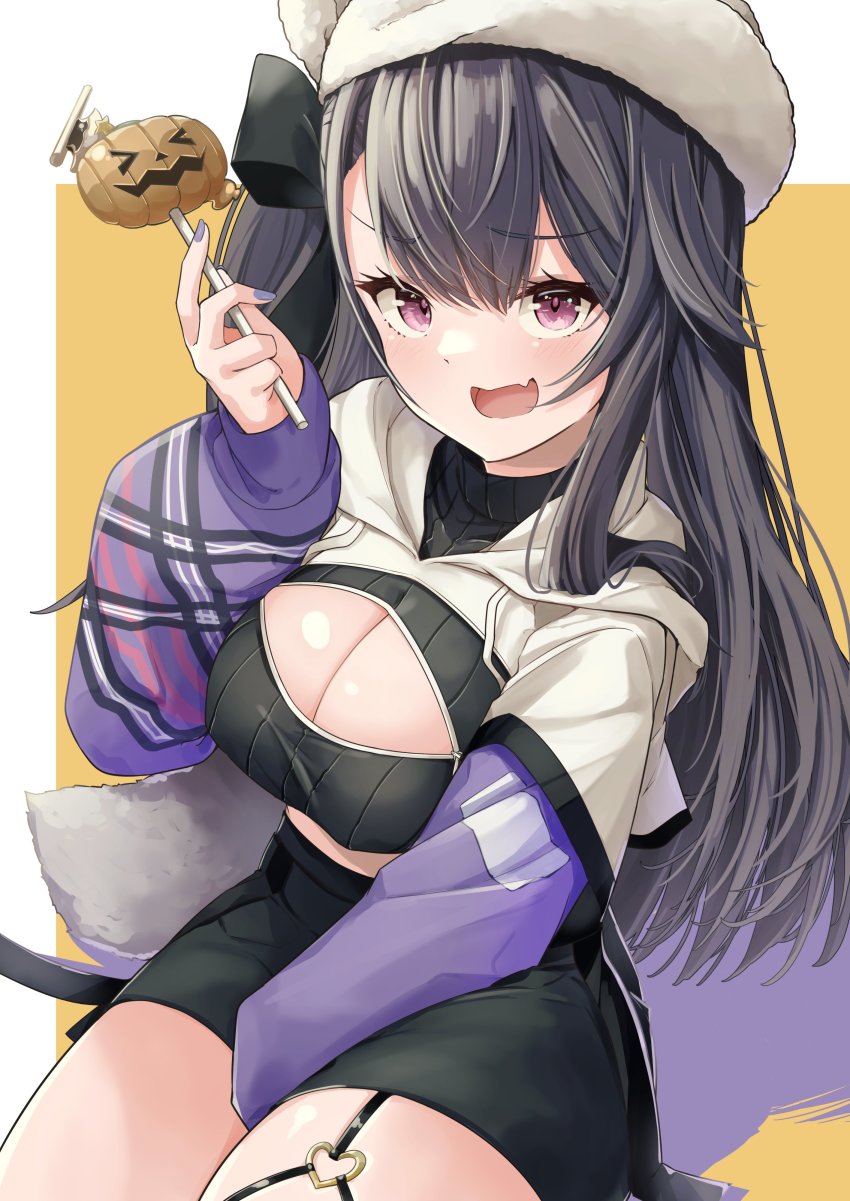 1girl absurdres azur_lane between_legs black_skirt breasts candy cleavage_cutout clothing_cutout commentary dot_nose drawstring fang food garter_straps hair_between_eyes hand_between_legs hat heart highres holding holding_candy holding_food holding_lollipop hood hood_down jack-o&#039;-lantern large_breasts leer.meer lollipop long_hair long_sleeves looking_at_viewer miniskirt nail_polish official_alternate_costume open_mouth pamiat_merkuria_(azur_lane) pamiat_merkuria_(chic_and_cheeky)_(azur_lane) pink_eyes purple_nails raised_eyebrow shiny_skin shrug_(clothing) skin_fang skirt sleeves_past_wrists smile solo tail thighs white_hat zipper_pull_tab