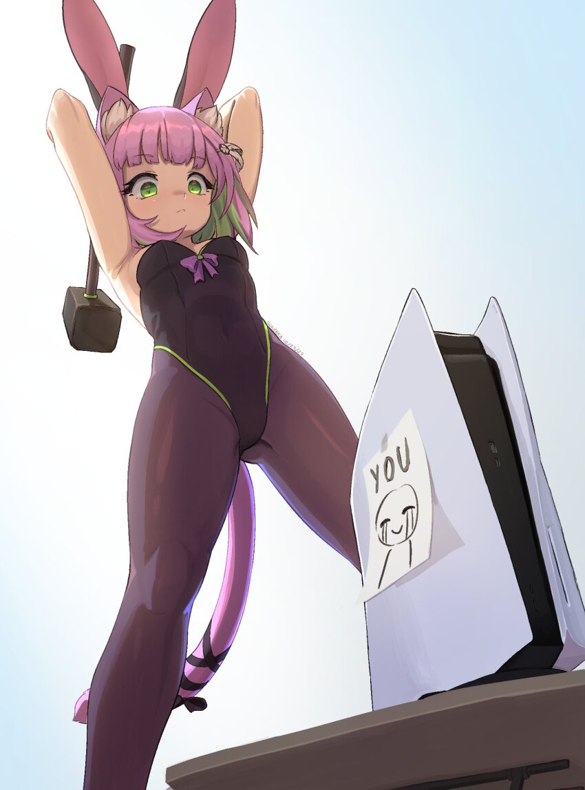 1girl animal_ears black_leotard cat_ears cat_tail commentary english_commentary english_text game_console green_eyes grey_hair hammer highres indie_virtual_youtuber leotard multicolored_hair pantyhose pink_hair playboy_bunny playstation_5 rabbit_ears short_hair shwaa solo sticker strapless strapless_leotard suweeka tail two-tone_hair virtual_youtuber