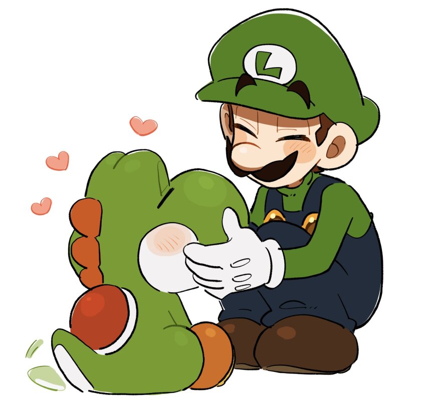 2boys blue_overalls blush brown_hair closed_eyes colored_skin dinosaur facial_hair full_body gloves green_hat green_shirt green_skin hand_on_another&#039;s_head happy hat headpat heart highres long_sleeves luigi male_focus mario_(series) mimimi_(mimimim9999) multiple_boys mustache nintendo overalls patting reptile_boy shell shirt shoes short_hair simple_background sitting smile squatting tail tail_wagging white_background white_gloves yoshi