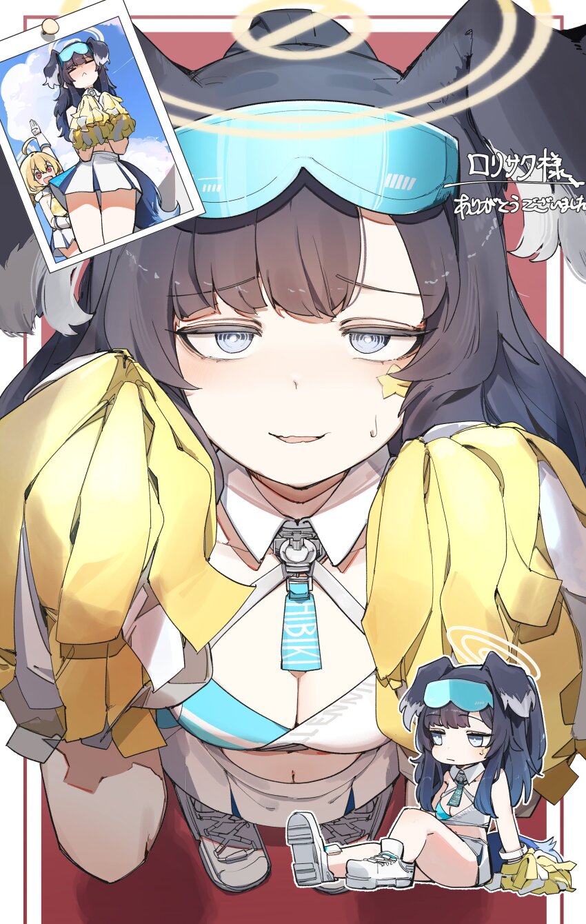2girls absurdres animal_ears arm_up black_hair blonde_hair blue-tinted_eyewear blue_archive breasts cheerleader commentary_request commission criss-cross_halter dog_ears dog_girl dog_tail eyewear_on_head from_above grey_eyes halo halterneck hands_up hibiki_(blue_archive) hibiki_(cheer_squad)_(blue_archive) highres knee_up kotori_(blue_archive) kotori_(cheer_squad)_(blue_archive) long_hair looking_at_viewer maton_3110 medium_breasts millennium_cheerleader_outfit_(blue_archive) miniskirt multiple_girls multiple_views official_alternate_costume parted_lips pleated_skirt pom_pom_(cheerleading) ponytail shoes sitting skeb_commission skirt smile sneakers sports_bra standing star_sticker sticker_on_face sweatdrop tail tinted_eyewear translation_request white_shoes white_skirt white_sports_bra yellow_halo