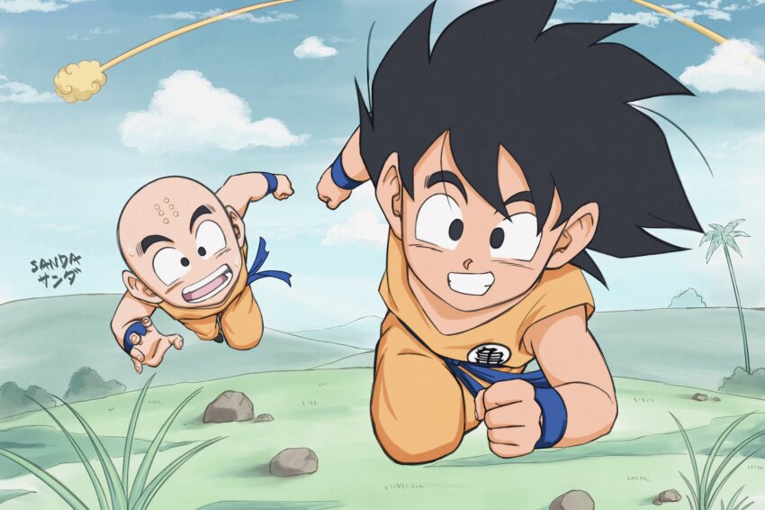 2boys bald bald_male black_eyes black_hair dragon_ball dragon_ball_(classic) flying_nimbus happy highres kuririn multiple_boys running smile son_goku