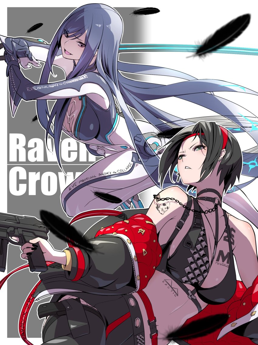 2girls absurdres barbell_piercing black_hair blue_hair breast_tattoo chest_tattoo crow_(nikke) ear_piercing fune_(fune83ojj) goddess_of_victory:_nikke highres long_hair multiple_girls navel piercing raven_(stellar_blade) sign_of_khorne skull_tattoo stellar_blade studded_bikini tattoo