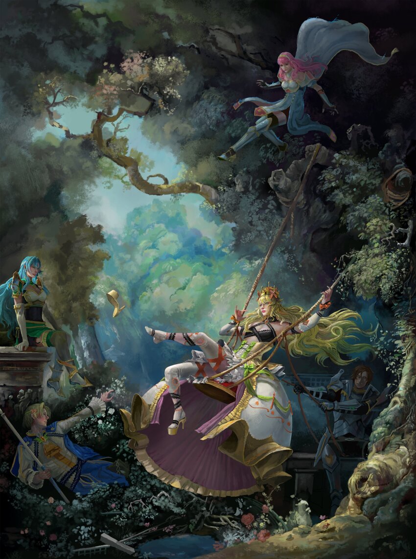 2boys 3girls absurdres alfred_(fire_emblem) armor blonde_hair blue_hair brown_hair celica_(fire_emblem) celine_(fire_emblem) chloe_(fire_emblem) dress fine_art_parody fire_emblem fire_emblem_echoes:_shadows_of_valentia fire_emblem_engage floating flower highres holding holding_polearm holding_weapon louis_(fire_emblem) multiple_boys multiple_girls nature nintendo on_swing parody polearm shoe_loss spear swing swinging swinging_on_swing the_swing tree weapon yanmanxplore