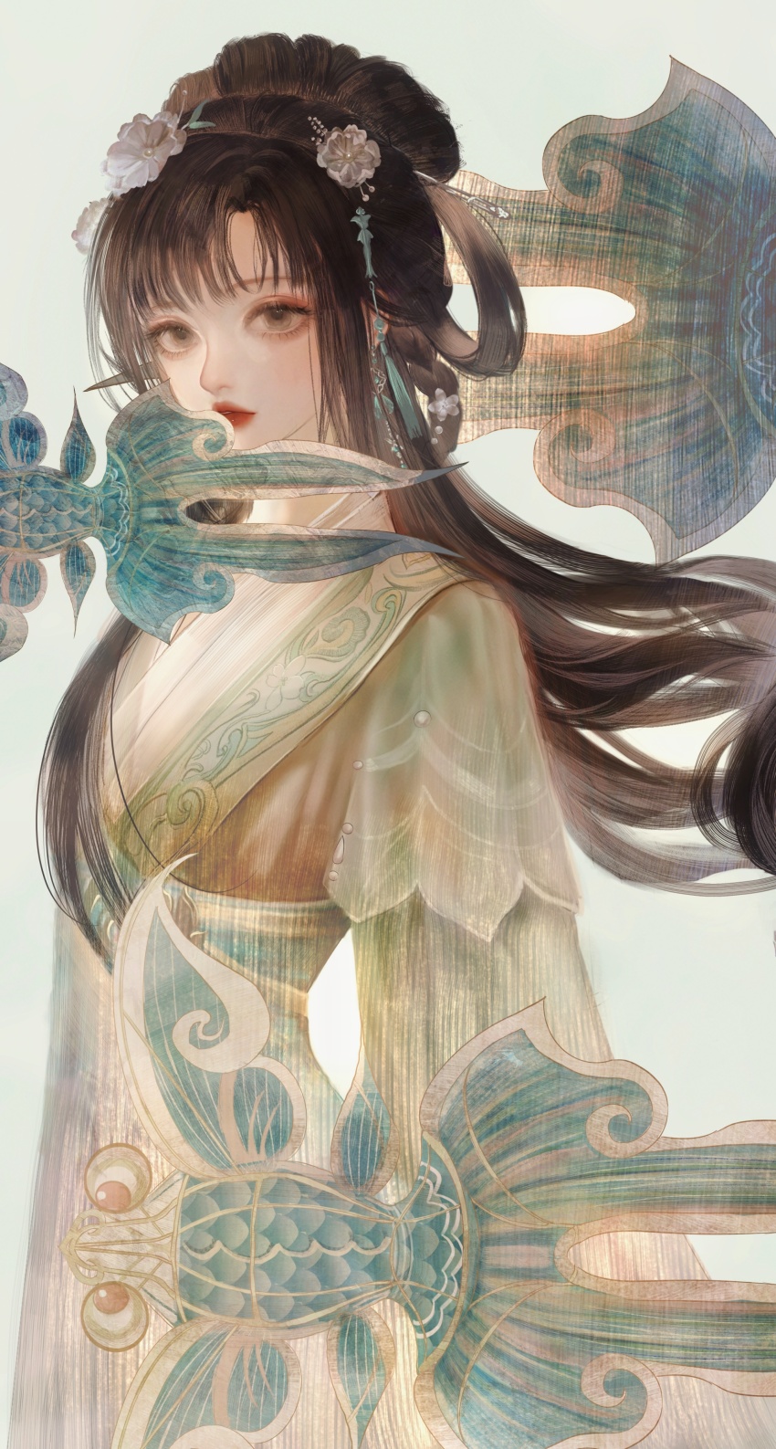 1girl absurdres blunt_bangs brown_eyes brown_hair character_request chinese_commentary commentary_request cowboy_shot eyelashes eyeshadow floating_hair flower grey_background hair_bun hair_flower hair_ornament hair_rings hairpin half_updo highres jiaopiupiu kite layered_sleeves lipstick long_hair long_sleeves looking_at_viewer low-tied_long_hair makeup nikki_(series) parted_lips pink_eyeshadow red_lips shining_nikki short_over_long_sleeves short_sleeves simple_background single_hair_bun solo standing tassel tassel_hair_ornament very_long_hair white_flower yellow_hanfu
