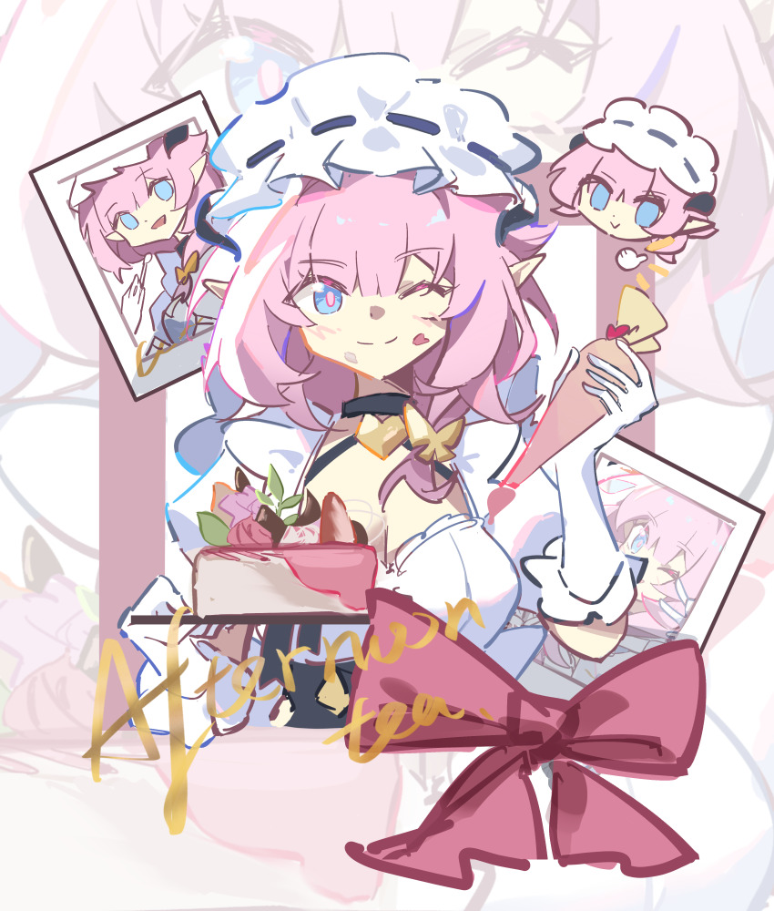 1girl ;) absurdres blue_eyes bow bowtie breasts cake chinese_commentary cleavage commentary_request elysia_(honkai_impact) elysia_(miss_pink)_(honkai_impact) elysia_(miss_pink_elf)_(honkai_impact) english_text food gloves head_only highres holding holding_cake holding_food holding_pastry_bag honkai_(series) honkai_impact_3rd large_breasts long_hair maid maid_headdress multiple_views official_alternate_costume one_eye_closed pastry_bag photo_(object) pink_bow pink_bowtie pink_hair smile thumbs_up ticra white_gloves zoom_layer