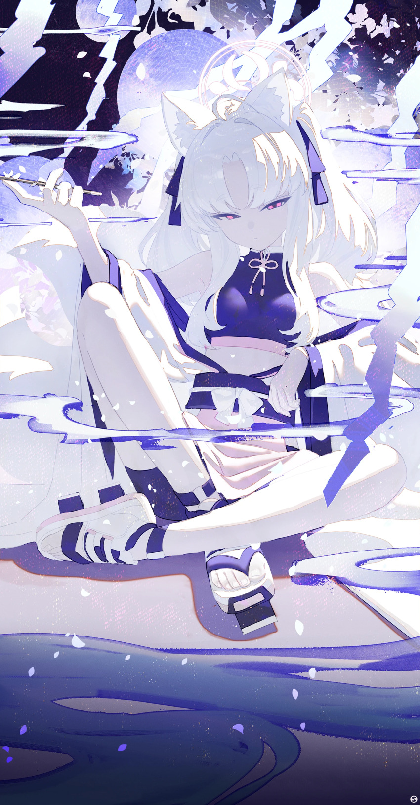 1girl absurdres ahoge animal_ear_fluff animal_ears bare_shoulders black_shorts blue_archive closed_mouth cropped_shirt fox_ears fox_girl fox_tail hair_ribbon highres holding holding_smoking_pipe indian_style japanese_clothes kimono kuzunoha_(blue_archive) long_hair looking_at_viewer multiple_tails obi parted_bangs pink_eyes purple_ribbon purple_sash purple_shirt ribbon sandals sash shirt shorts shorts_under_skirt sidelocks sitting skirt smoking_pipe solo songchuan_li tail tsurime two_side_up white_hair white_kimono white_sandals white_skirt wide_sleeves