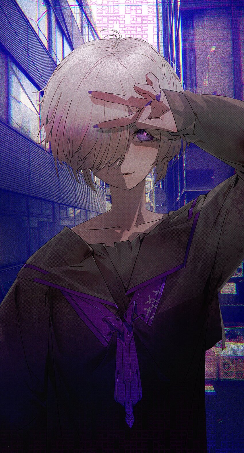 ahoge alley black_serafuku blue_background box building cowlick glitch hair_over_one_eye hand_up highres huke light_purple_hair light_smile looking_at_viewer nail_polish neckerchief necktie original plus_sign purple_background purple_eyes purple_nails purple_neckerchief purple_necktie road_sign school_uniform serafuku sign sky smile v v_over_eye window