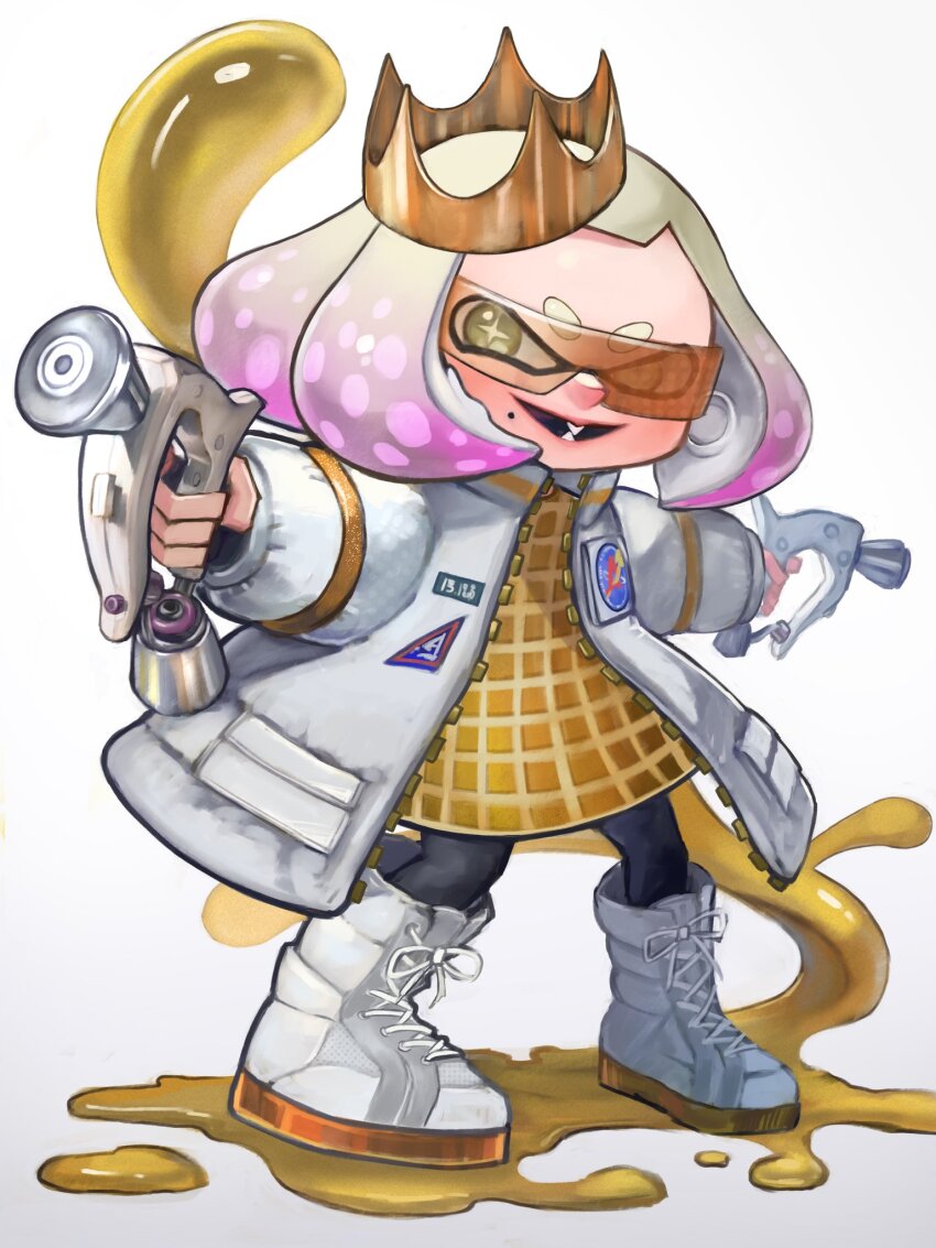 1girl black_pantyhose boots commentary_request crown dress dual_wielding full_body gradient_hair gun highres holding holding_gun holding_weapon ink inkling jacket lace-up_boots medium_hair mole mole_under_mouth multicolored_hair nintendo oekakirisuke open_clothes open_jacket open_mouth order_dualies_(splatoon) paint pantyhose pearl_(splatoon) pink_hair short_dress smile solo splatoon_(series) splatoon_3 splatoon_3:_side_order star-shaped_pupils star_(symbol) sunglasses symbol-shaped_pupils tentacle_hair thick_eyebrows two-tone_hair weapon white_background white_boots white_hair white_jacket yellow_dress yellow_eyes
