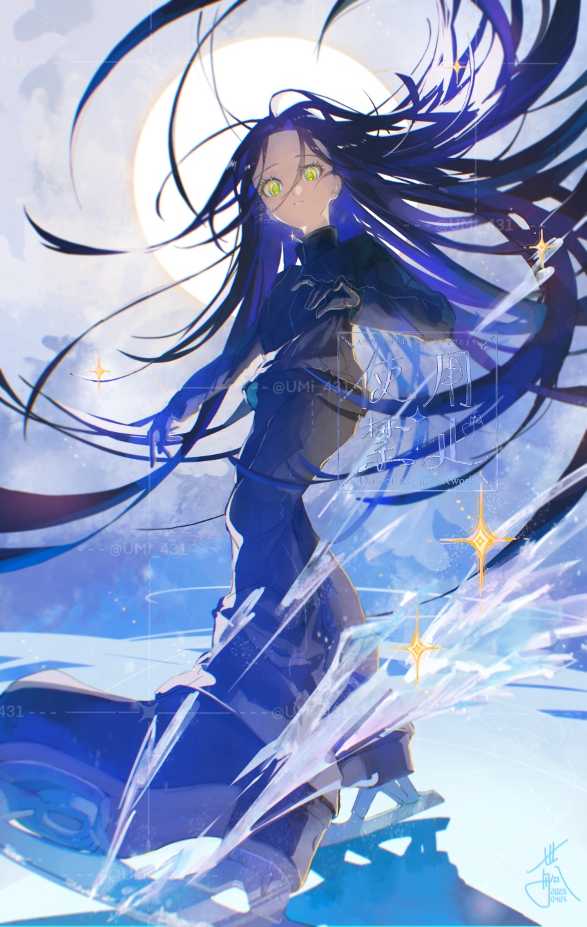1girl absurdres black_gloves black_track_suit blue_hair dated floating_hair gloves highres ice ice_skates ice_skating kamisaki_hikaru long_hair medalist_(manga) moon skates skating solo track_suit twitter_username umi_431 watermark yellow_eyes