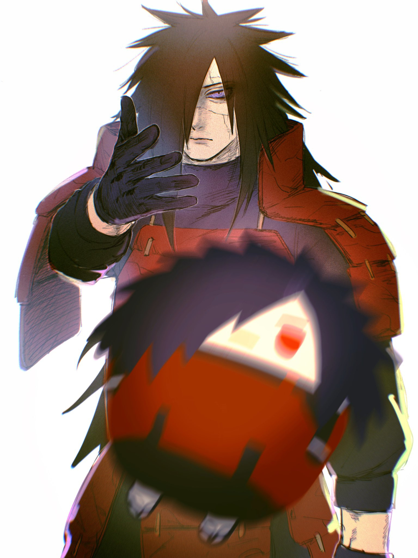 1boy armor backlighting black_gloves black_hair black_shirt character_doll closed_mouth cracked_skin doll edo_tensei faulds gloves gurekoguriko hair_over_one_eye highres long_hair male_focus meme naruto_(series) naruto_shippuuden red_armor red_eyes rinnegan shirt shoulder_armor simple_background solo spiked_hair stuffed_toy throwing uchiha_madara very_long_hair white_background woe_plague_be_upon_ye_(meme)