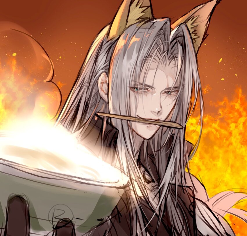 1boy animal_ear_fluff animal_ears bowl chopsticks chopsticks_in_mouth commentary_request donbei_kitsune_udon fiery_background final_fantasy final_fantasy_vii final_fantasy_vii_remake fire fox_ears green_eyes highres holding holding_bowl kitsune_udon long_hair looking_at_viewer male_focus nissin_donbei sephiroth sephiroth_(don_gitsune) signature smile steam steaming_food suzuki_rika very_long_hair white_hair
