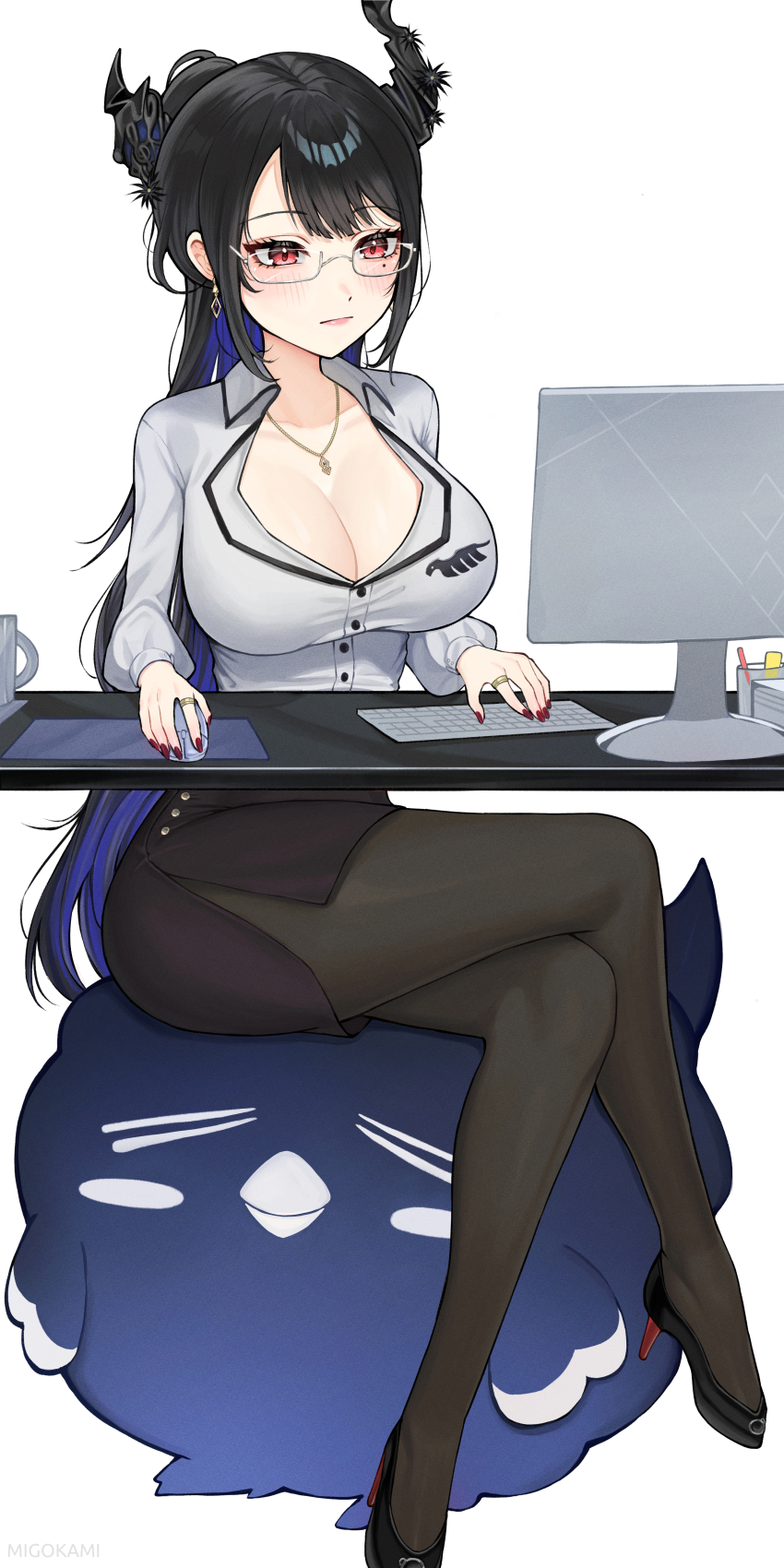 1girl absurdres asymmetrical_horns black_hair black_pantyhose black_shoes black_skirt blue_hair breasts cleavage collared_shirt colored_inner_hair commentary computer_keyboard computer_mouse crossed_legs english_commentary flower high-waist_skirt high_heels highres hololive hololive_english horn_flower horns jailbird_(nerissa_ravencroft) jewelry large_breasts long_hair migokami mole mole_under_eye monitor multicolored_hair necklace nerissa_ravencroft nerissa_ravencroft_(casual) office_lady official_alternate_costume official_alternate_hairstyle pantyhose pencil_skirt purple_eyes shirt shoes sitting skirt slit_pupils uneven_horns very_long_hair virtual_youtuber white_shirt
