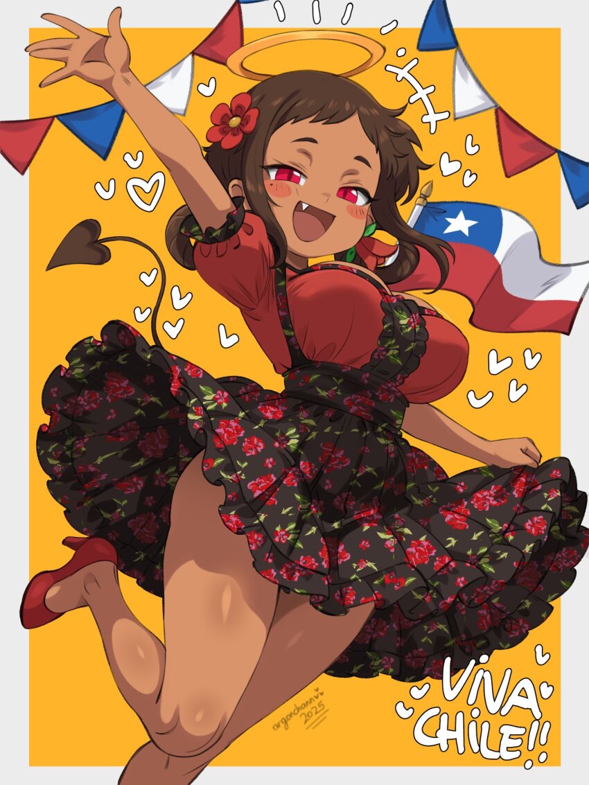 1girl :d argon-chan_(argonchann) argonchann arm_up artist_name black_skirt blush_stickers border breasts brown_hair chilean_flag commentary_request dark-skinned_female dark_skin dress fang floral_print floral_print_skirt flower hair_flower hair_ornament halo heart high_heels highres large_breasts legs looking_at_viewer mole mole_under_eye open_mouth original outside_border print_skirt red_dress red_eyes red_flower red_shoes shoes short_bangs short_hair short_sleeves skirt skirt_hold smile solo white_border yellow_background yellow_halo