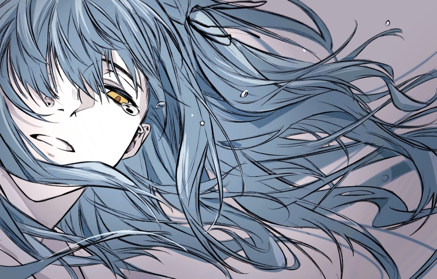1girl absurdres bang_dream! bang_dream!_it&#039;s_mygo!!!!! black_ribbon blue_hair chinese_commentary commentary_request floating_tears hair_over_one_eye hair_ribbon hero45439083942 highres long_hair open_mouth ribbon sidelocks solo togawa_sakiko yellow_eyes