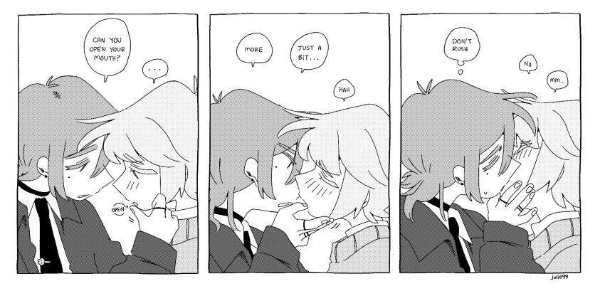 2boys 3koma comic english_text french_kiss greyscale highres julie_egg kiss monochrome multiple_boys original speech_bubble yaoi