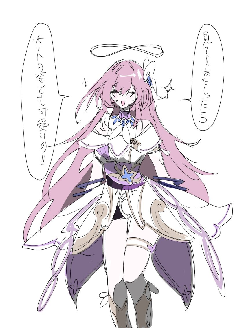 1girl alternate_costume boots breasts commentary_request cyrene_(honkai:_star_rail) dress hair_ornament halo highres honkai:_star_rail honkai_(series) long_hair medium_breasts open_mouth pants pink_hair rl9630 simple_background smile solo speech_bubble translation_request very_long_hair white_background white_dress white_pants