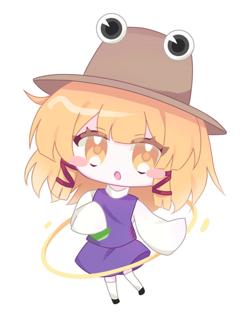 1girl :o absurdres black_footwear blonde_hair blush_stickers brown_hat chibi chibi_only chinese_commentary commentary_request empty401 full_body hair_ribbon hat highres long_sleeves looking_at_viewer moriya_suwako open_mouth purple_skirt purple_vest red_ribbon ribbon short_hair sidelocks simple_background skirt sleeves_past_fingers sleeves_past_wrists socks solo touhou vest white_background white_socks wide_sleeves yellow_eyes