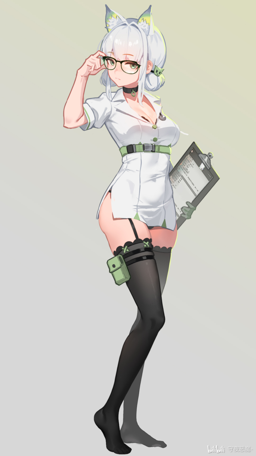 1girl adjusting_eyewear alternate_costume alternate_hairstyle animal_ear_fluff animal_ears arknights arm_up bespectacled bilibili_logo black-framed_eyewear black_choker black_panties black_thighhighs breasts chinese_commentary choker cleavage clipboard closed_mouth commentary_request dress full_body garter_straps glasses gradient_background green_eyes grey_background hair_intakes highres holding holding_clipboard kal&#039;tsit_(arknights) looking_at_viewer medium_breasts microdress no_shoes panties pouch puffy_short_sleeves puffy_sleeves short_hair short_sleeves side_slit solo standing thigh_pouch thigh_strap thighhighs underwear watermark white_dress white_hair ya_ya_qia
