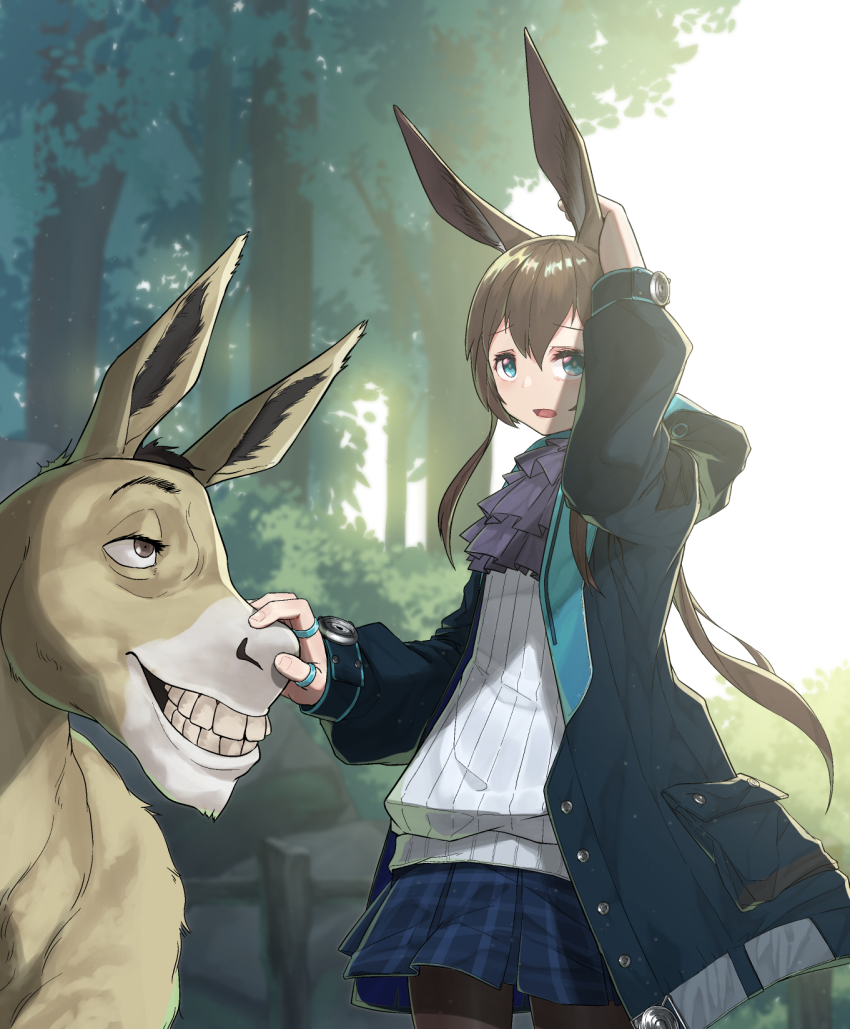 1boy 1girl amiya_(arknights) animal_ears arka91 arknights donkey donkey_(shrek) highres