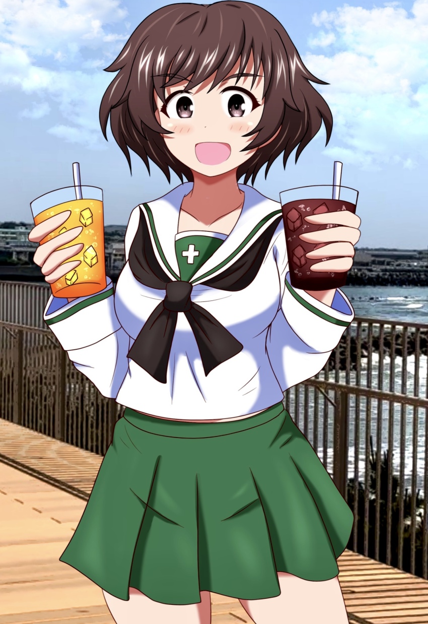 1girl akiyama_yukari black_neckerchief blouse blue_sky brown_eyes brown_hair commentary cowboy_shot cup day drinking_glass drinking_straw girls_und_panzer green_skirt highres holding holding_cup long_sleeves looking_at_viewer meiya messy_hair midriff_peek miniskirt neckerchief ooarai_school_uniform open_mouth outdoors photo_background pleated_skirt railing sailor_collar school_uniform serafuku shirt short_hair skirt sky smile solo standing white_sailor_collar white_shirt