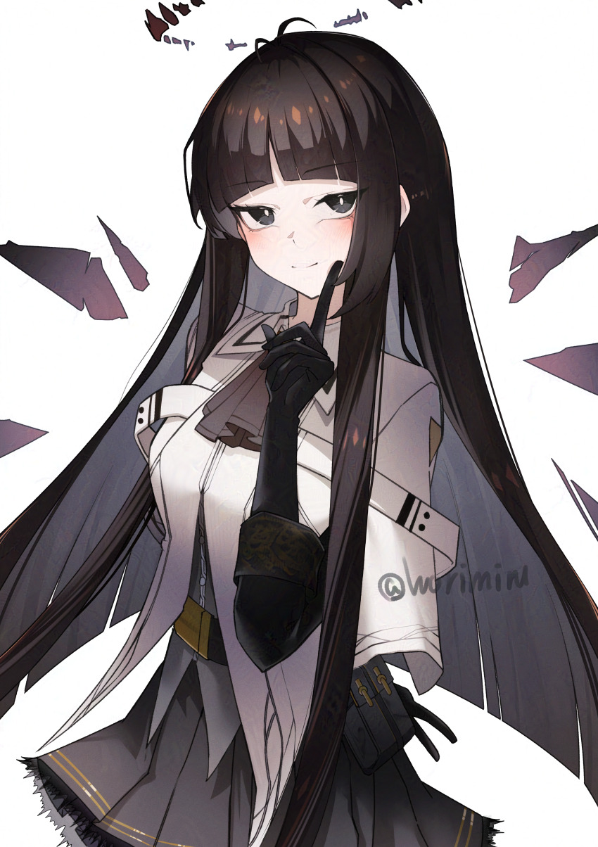 1girl absurdres adversarial_noise arknights ascot black_ascot black_eyes black_gloves black_hair black_halo blunt_bangs blush bright_pupils closed_mouth commentary cowboy_shot detached_wings elbow_gloves finger_to_cheek gloves halo highres long_hair looking_at_viewer shirt sidelocks simple_background smile solo split_mouth standing twitter_username virtuosa_(arknights) watermark white_background white_pupils white_shirt wings worimehl