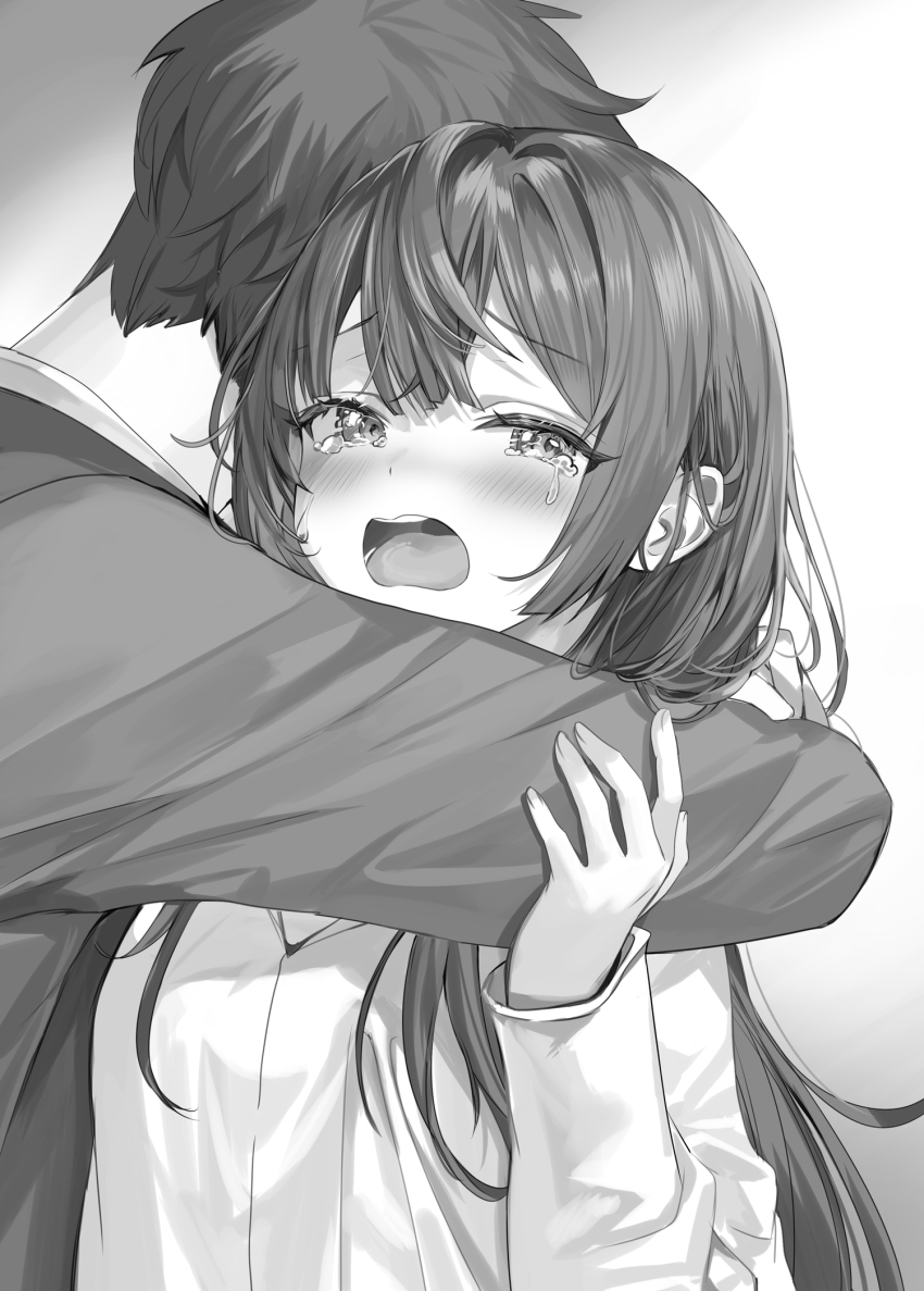 1boy 1girl blush brother_and_sister commentary_request crossed_bangs crying crying_with_eyes_open double-parted_bangs furrowed_brow greyscale highres hug kuze_masachika long_hair long_sleeves looking_at_viewer momoko_(momopoco) monochrome novel_illustration official_art shirt short_hair siblings simple_background solo_focus suou_yuki tears tokidoki_bosotto_roshia-go_de_dereru_tonari_no_alya-san