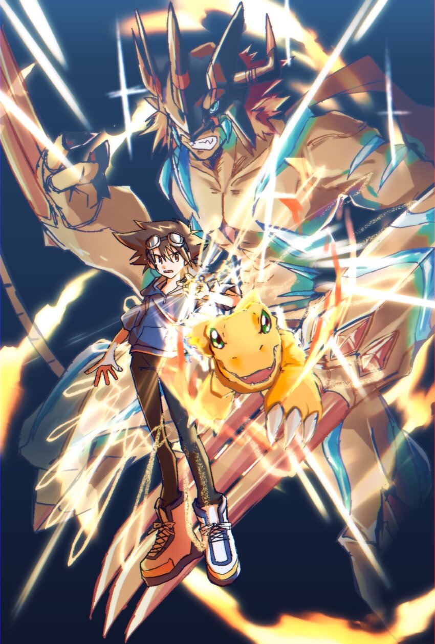 2boys agumon agumon_-yuki_no_kizuna- black_background black_pants blue_hood brown_eyes brown_hair claw_(weapon) clenched_teeth colored_skin digimon digimon_adventure:_last_evolution_kizuna digivice evolutionary_line full_body glowing goggles goggles_on_head helmet highres holding horns lizard_tail male_focus megane_mochi multiple_boys orange_skin pants red_hair short_hair tail teeth weapon yagami_taichi