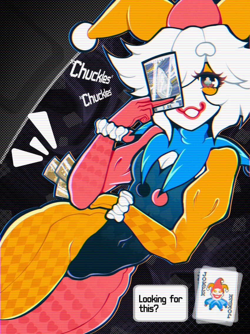 1boy abstract_background balatro black_eyes black_leotard blue_collar bulge card clown clown_boy clown_makeup club-shaped_pupils collar colored_skin commentary covered_navel english_commentary english_text eyeshadow feet_out_of_frame frilled_cuffs frills gloves hair_between_eyes hat heart heart_pattern heart_print highres holding holding_card hosses jester jester_boy jester_cap jimbo_(balatro) laughing leotard long_sleeves looking_at_viewer makeup male_focus mismatched_pupils open_mouth orange_eyeshadow orange_hat orange_pantyhose outline pantyhose pectoral_cleavage pectorals personification playing_card pom_pom_(clothes) puffy_long_sleeves puffy_sleeves red_hat red_lips red_pantyhose scrunchie short_hair smile solo spade-shaped_pupils trap two-tone_bodysuit two-tone_hat white_cuffs white_hair white_skin wrist_scrunchie