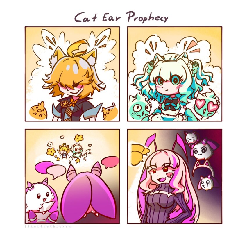 ahoge animal_ears antenna_hair arthropod_girl black_jacket blonde_hair blue_eyes cat_ears clothing_cutout cockroach_girl dokibird_(vtuber) dokibird_(vtuber)_(bounty_hunter) dragoon_(dokibird) flower gradient_hair highres indie_virtual_youtuber jacket long_hair matara_kan medium_hair meme_attire mint_fantome mint_fantome_(minto_2.0) momo_(matara_kan) monster_girl multicolored_hair open-chest_sweater pink_hair red_eyes shirt sigithechicken sweater virtual_youtuber vshojo wisps_(mint_fantome)