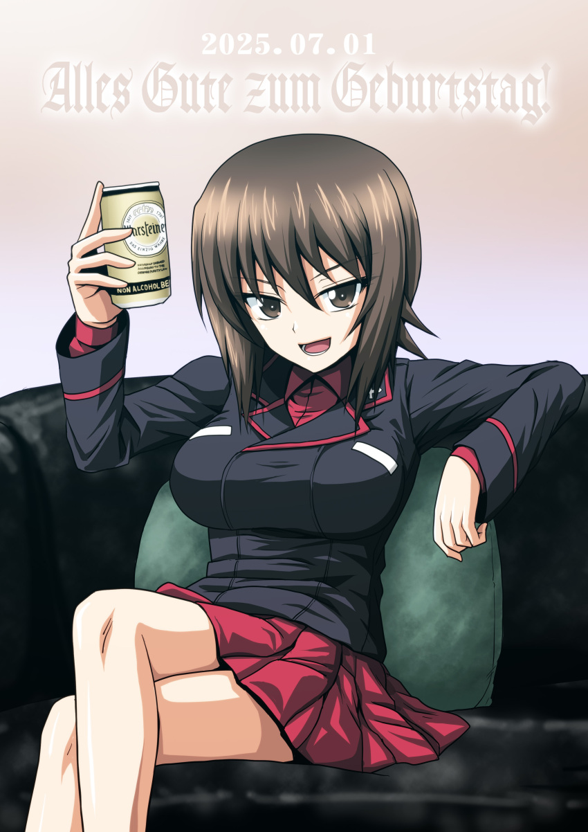 1girl absurdres alcohol beer beer_can birthday black_jacket breast_pocket breasts brown_eyes brown_hair can couch cross crossed_legs dated drink_can english_text girls_und_panzer highres holding holding_can iron_cross jacket kamishima_kanon kuromorimine_military_uniform large_breasts looking_at_viewer lower_teeth_only military military_uniform nishizumi_maho open_mouth pleated_skirt pocket red_shirt red_skirt shirt short_hair skirt solo teeth