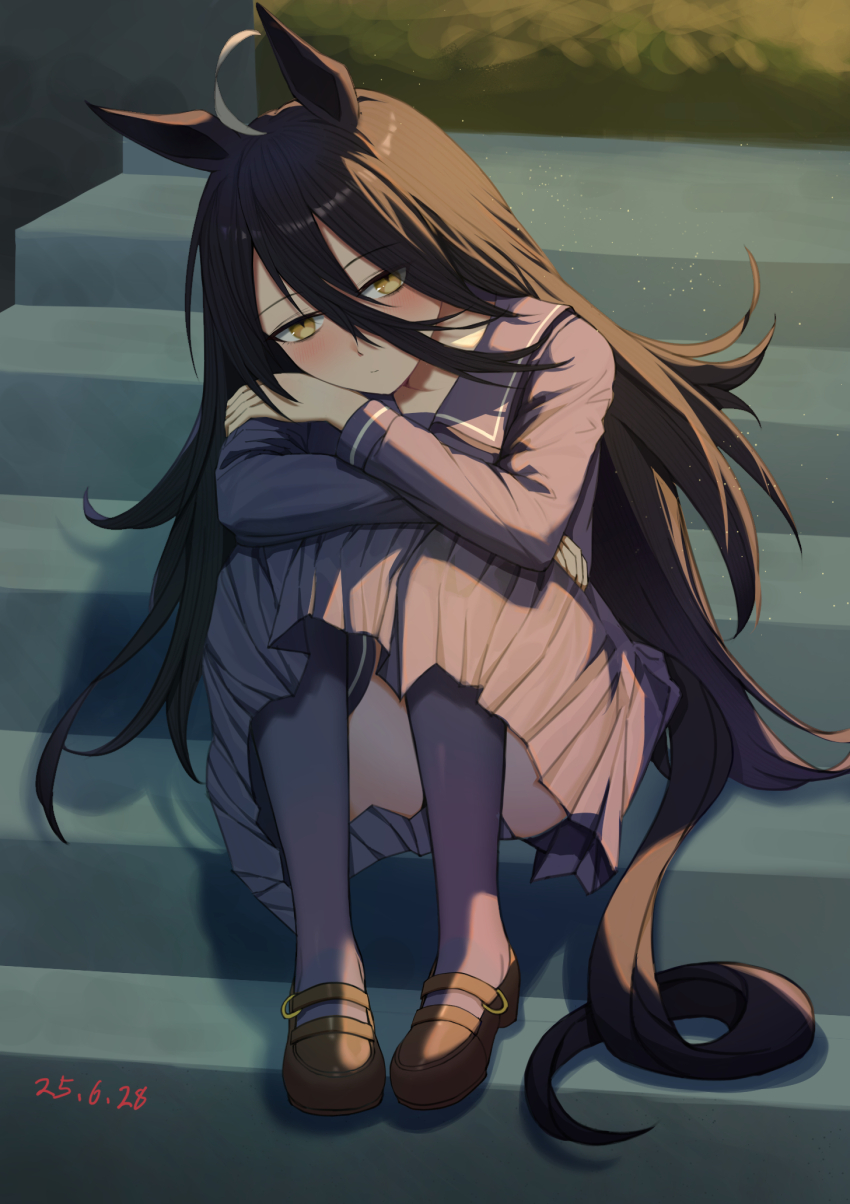 1girl :/ ahoge animal_ears black_hair blush closed_mouth crossed_arms dated enddada grey_hair grey_pantyhose hair_between_eyes hair_ribbon hands_up highres horse_ears horse_girl horse_tail knees_up long_bangs long_hair long_hair_between_eyes long_sleeves manhattan_cafe_(umamusume) on_stairs pantyhose pleated_skirt purple_sailor_collar purple_shirt purple_skirt ribbon sailor_collar shirt sitting skirt solo tail thighs umamusume very_long_hair yellow_eyes