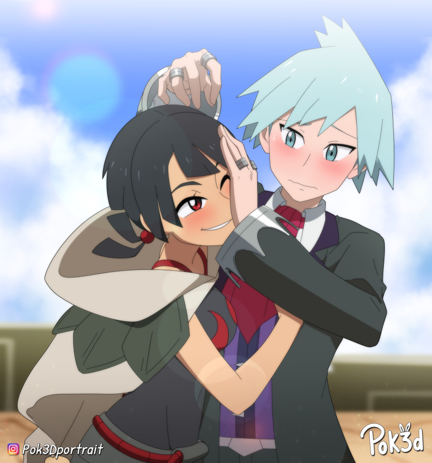 1boy 1girl absurdres black_hair blue_eyes blue_hair blue_sky blush cape commission hand_on_another&#039;s_face highres jewelry necktie nintendo one_eye_closed pok3d pokemon pokemon_oras red_eyes ring second-party_source sky smile steven_stone upper_body wavy_mouth zinnia_(pokemon)