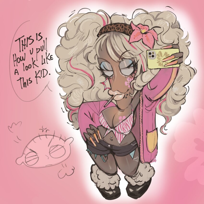 1boy alien animal_print black_shorts blonde_hair blue_eyeshadow breast_tattoo breasts brown_hairband cigarette commentary crossdressing english_commentary english_text eyeshadow facial_tattoo family_guy flower gyaru hairband highres holding holding_phone jacket leopard_print long_hair makeup male_focus male_with_breasts medium_breasts navel_piercing nikokoro phone piercing pink_flower pink_jacket pink_streaks pink_tattoo roger_smith selfie short_shorts shorts smoking speech_bubble stewie_griffin tattoo